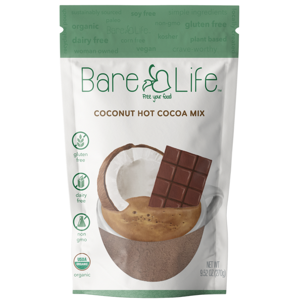 Front of Bare Life organic dairy free coconut hot cocoa mix pouch, 9.52 oz with 10 servings