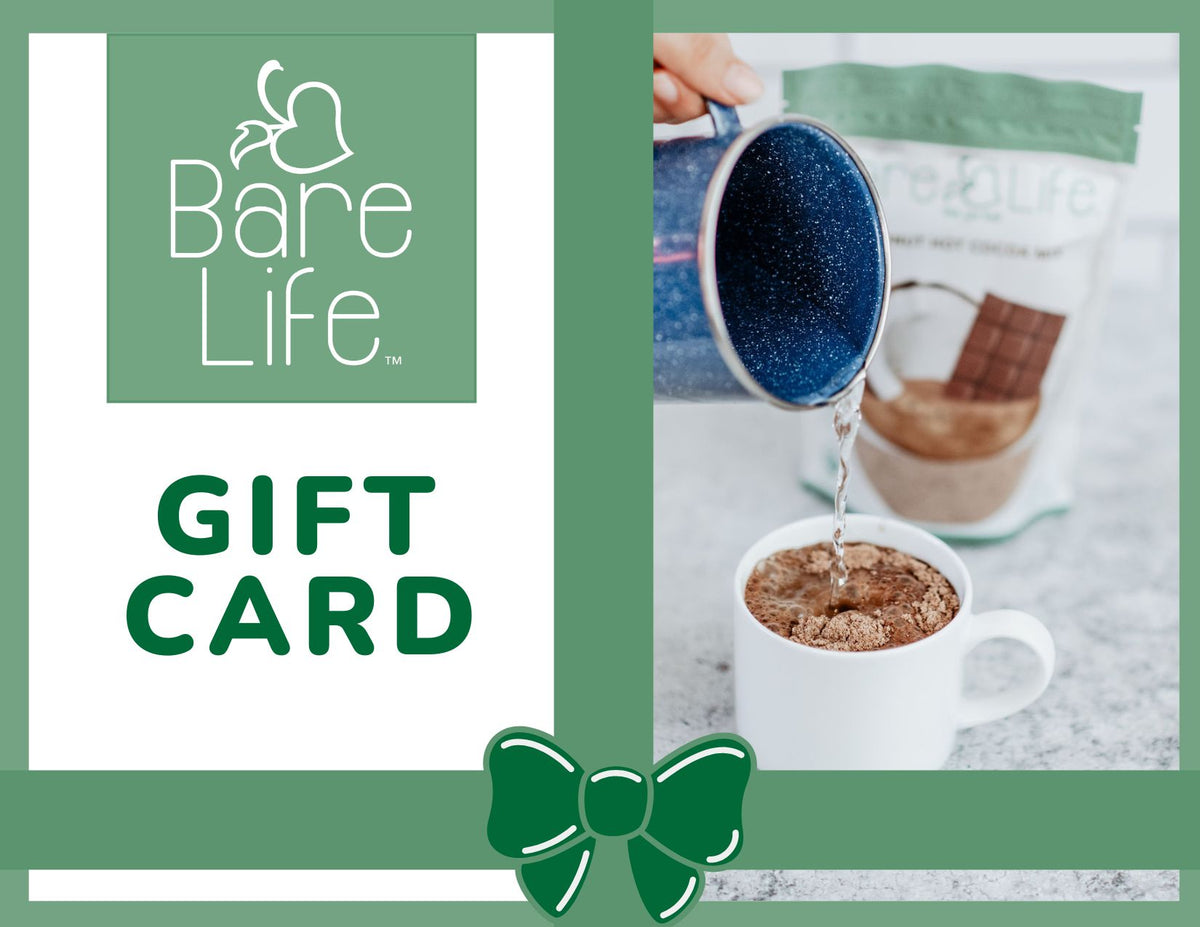 Bare Life digital gift card with logo and dairy-free hot cocoa mix being poured into a mug, vegan and gluten-free gift.