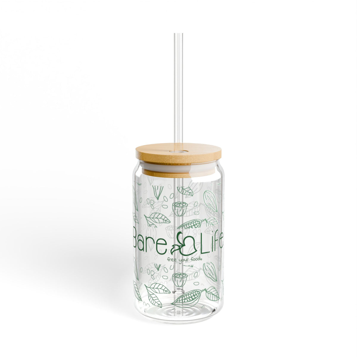 Clear tumbler with bamboo lid and straw featuring &#39;Bare Life&#39; branding on a white background