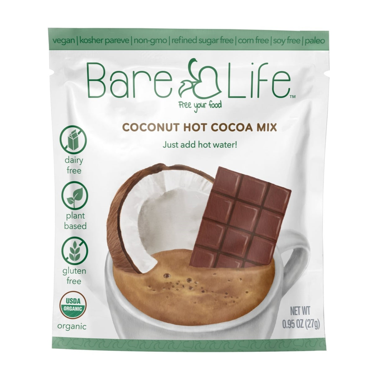Bare Life Dairy Free Vegan Gluten Free Coconut Hot Cocoa Single Serving Pack Front