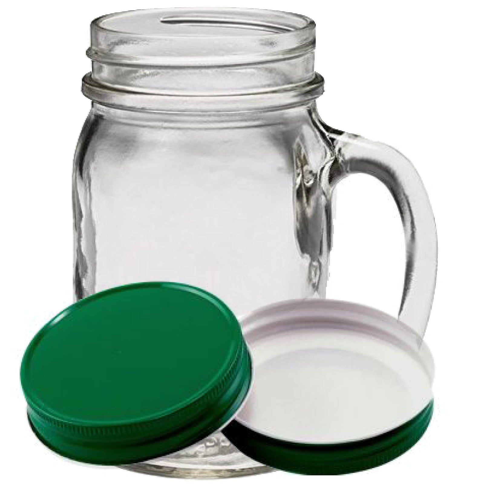 Bare Life 16-ounce glass mason jar with handle, shown with the top and underside of its green lid
