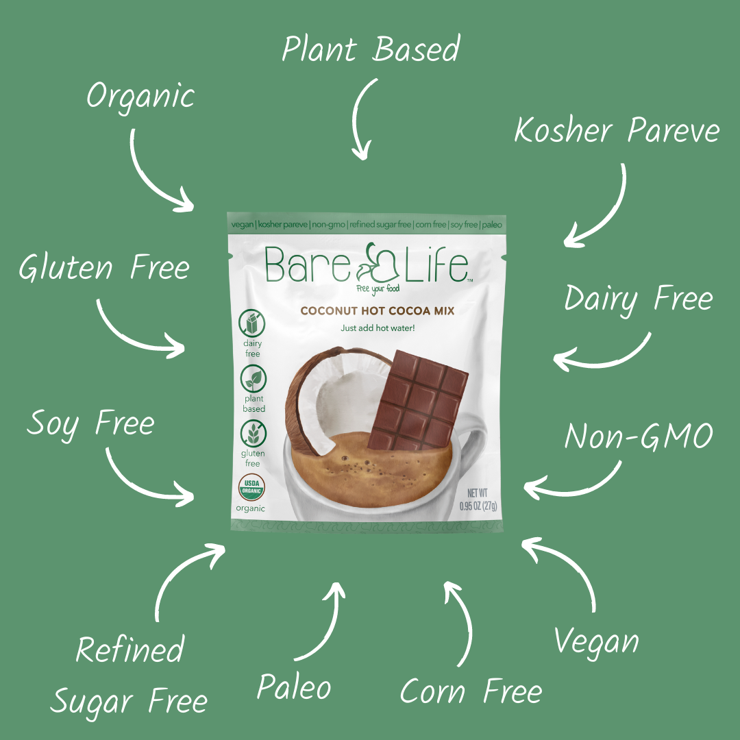 Bare Life coconut hot cocoa packet with a graphic highlighting organic, plant-based, dairy-free, gluten-free, and vegan features