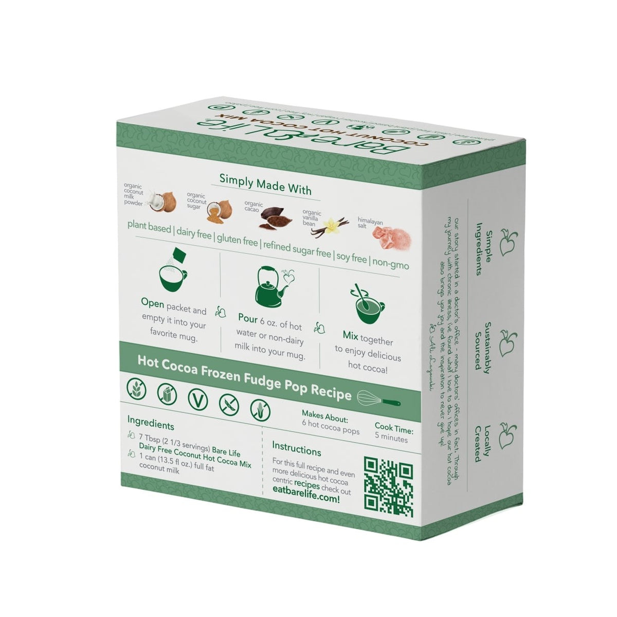 Back of Bare Life coconut hot cocoa five-pack box showing ingredients, preparation directions, and a frozen fudge pop recipe