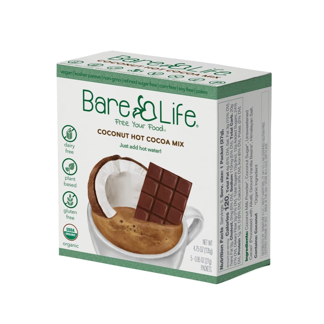 Bare Life dairy free coconut hot cocoa mix box with five single serving packets, front and side view