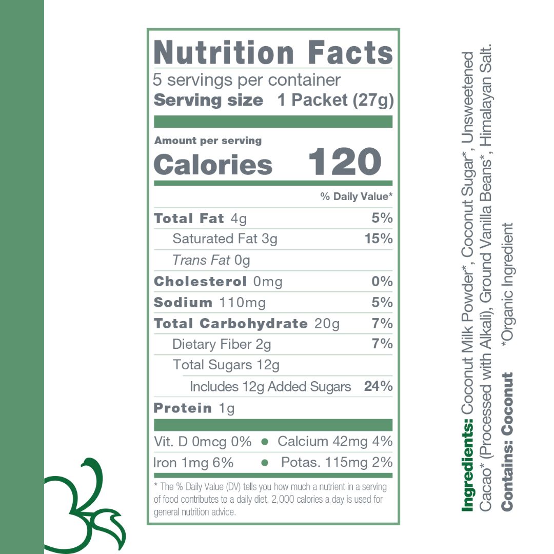 Nutrition facts and ingredients for Bare Life coconut hot cocoa five-pack, with 120 calories per 27 g packet