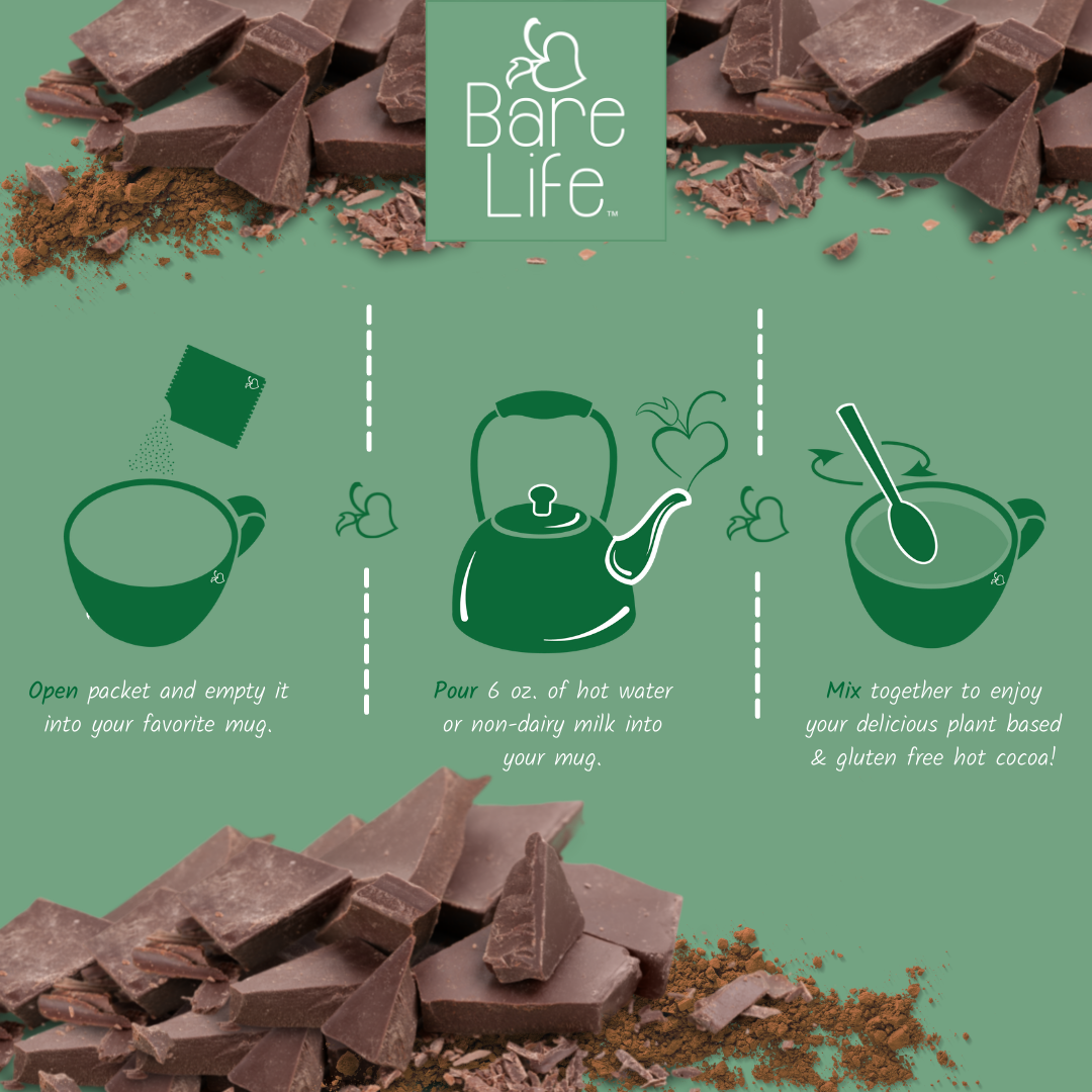Bare Life coconut hot cocoa packet directions: empty into a mug, add 6 oz of hot water or non-dairy milk, and stir