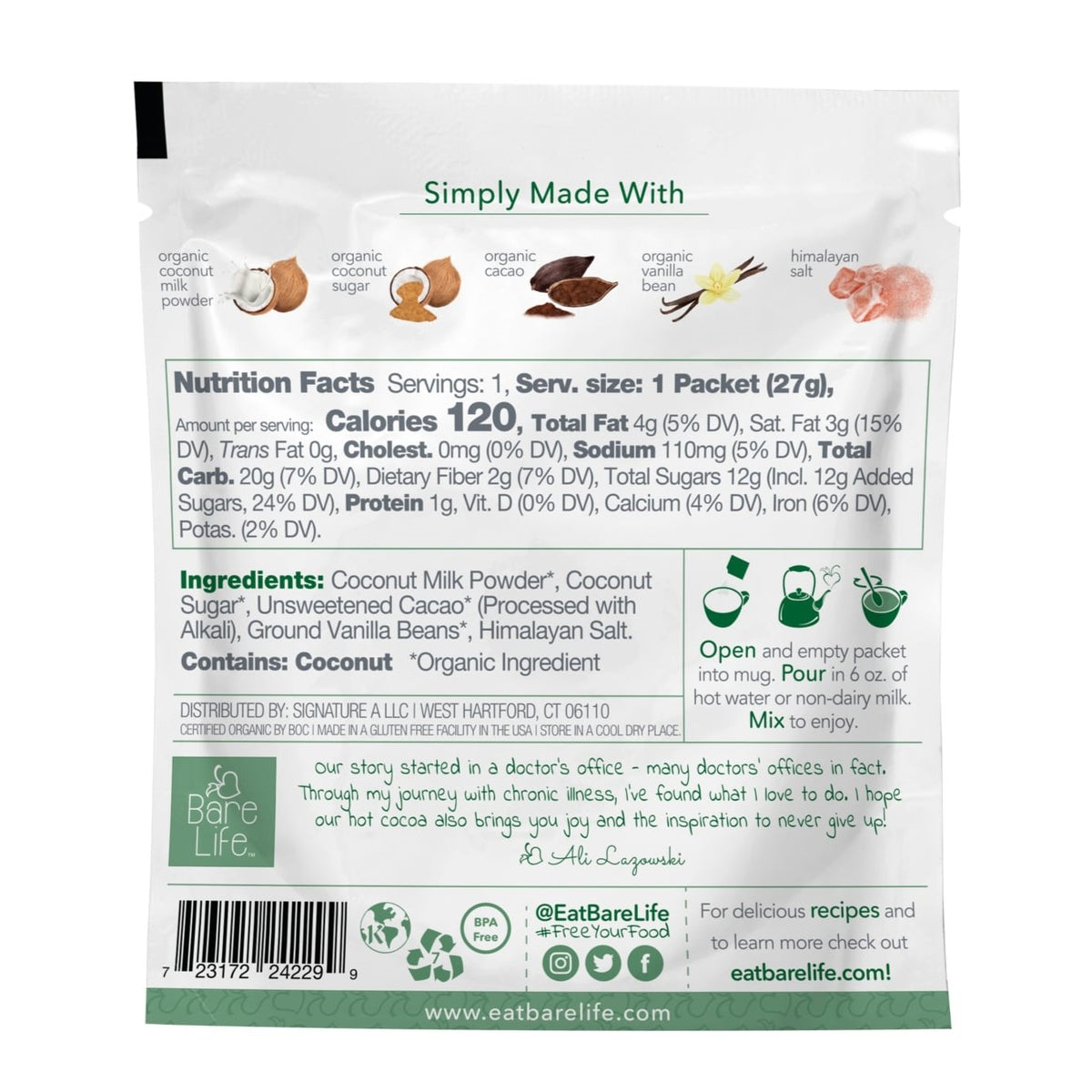 Back of a Bare Life coconut hot cocoa packet showing ingredients, nutrition facts, and directions to mix with 6 ounces of hot water or non-dairy milk