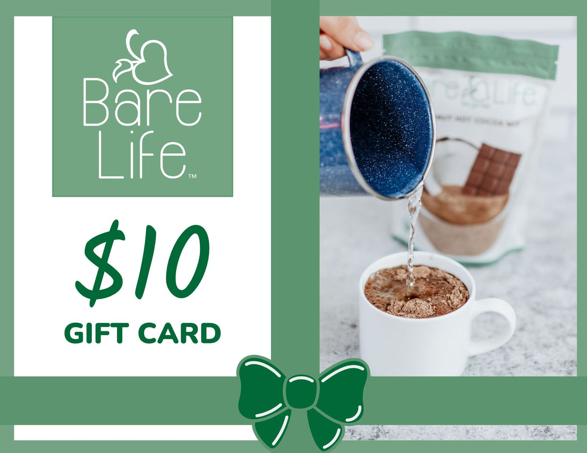 Bare Life $10 digital gift card with green ribbon design and a photo of hot water being poured into cocoa mix