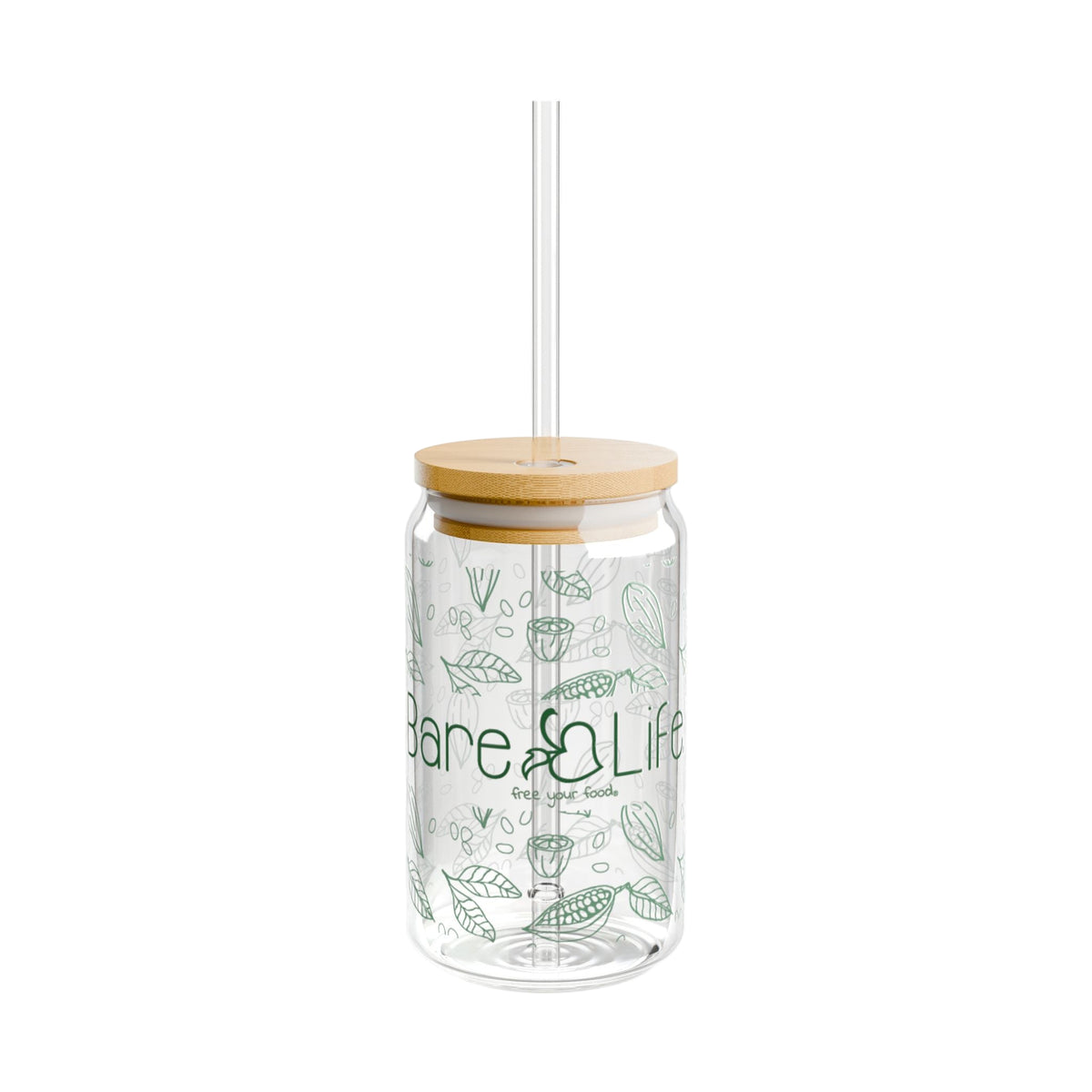 Bare Life Eco-Chic 16-ounce glass tumbler with bamboo lid, clear straw, and green cocoa and leaf pattern