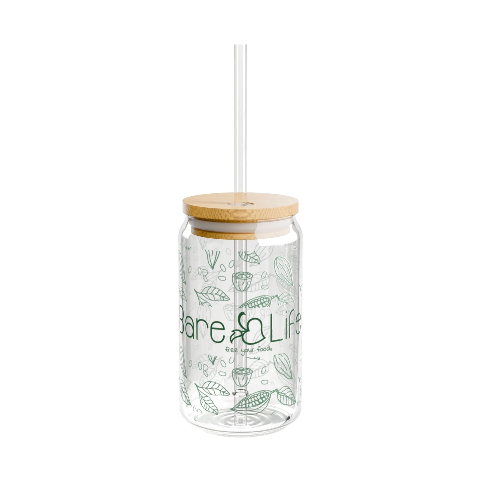Bare Life Eco-Chic 16-ounce glass tumbler with bamboo lid, clear straw, and green cocoa and leaf pattern