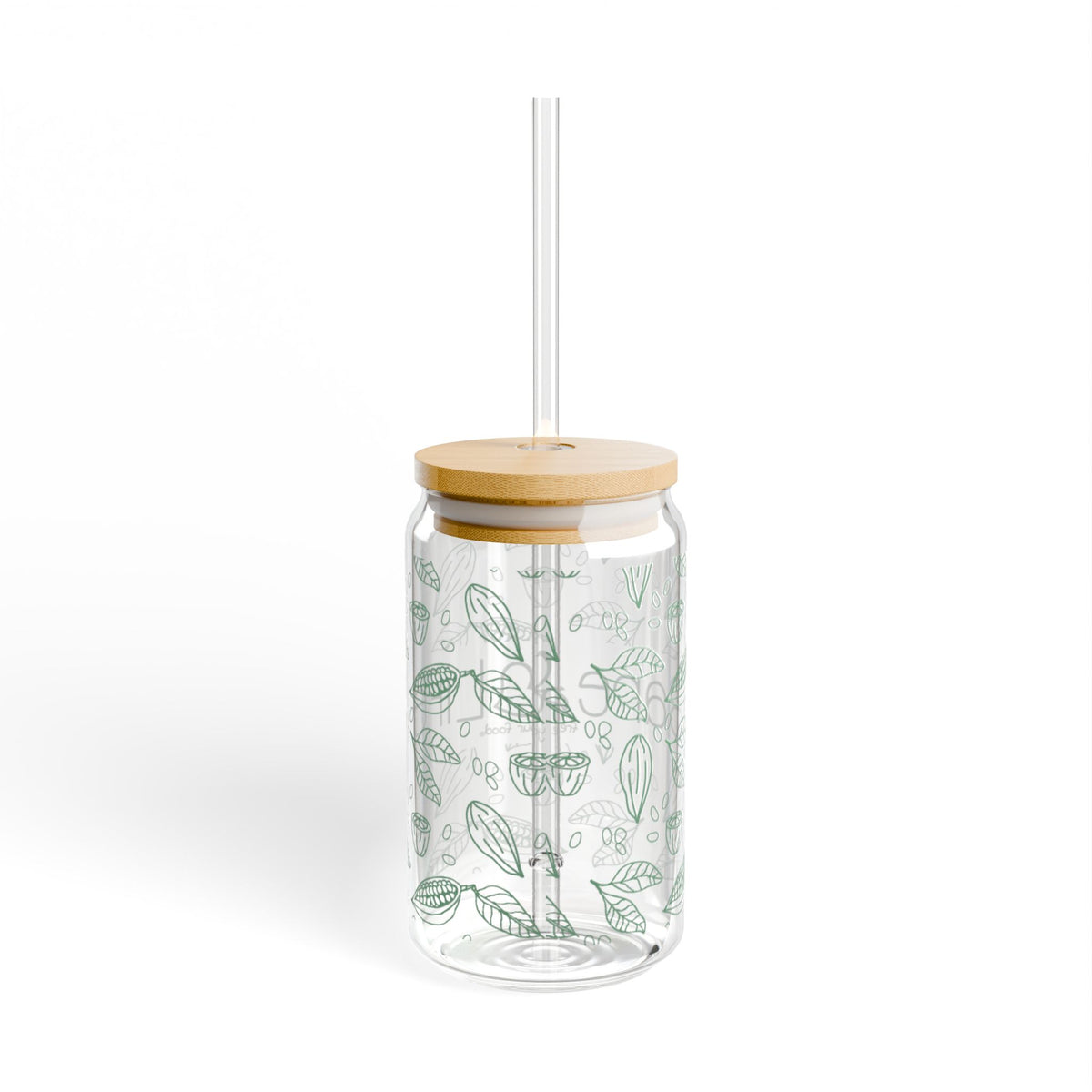 Back view of the Bare Life Eco-Chic glass tumbler showing the green cocoa and leaf pattern with bamboo lid and straw