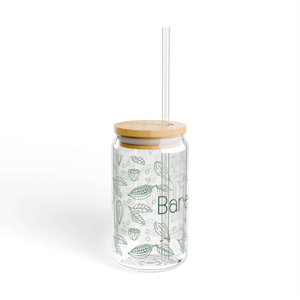 Side view of the Bare Life Eco-Chic glass tumbler showing green cocoa pods and leaves, bamboo lid, and clear straw