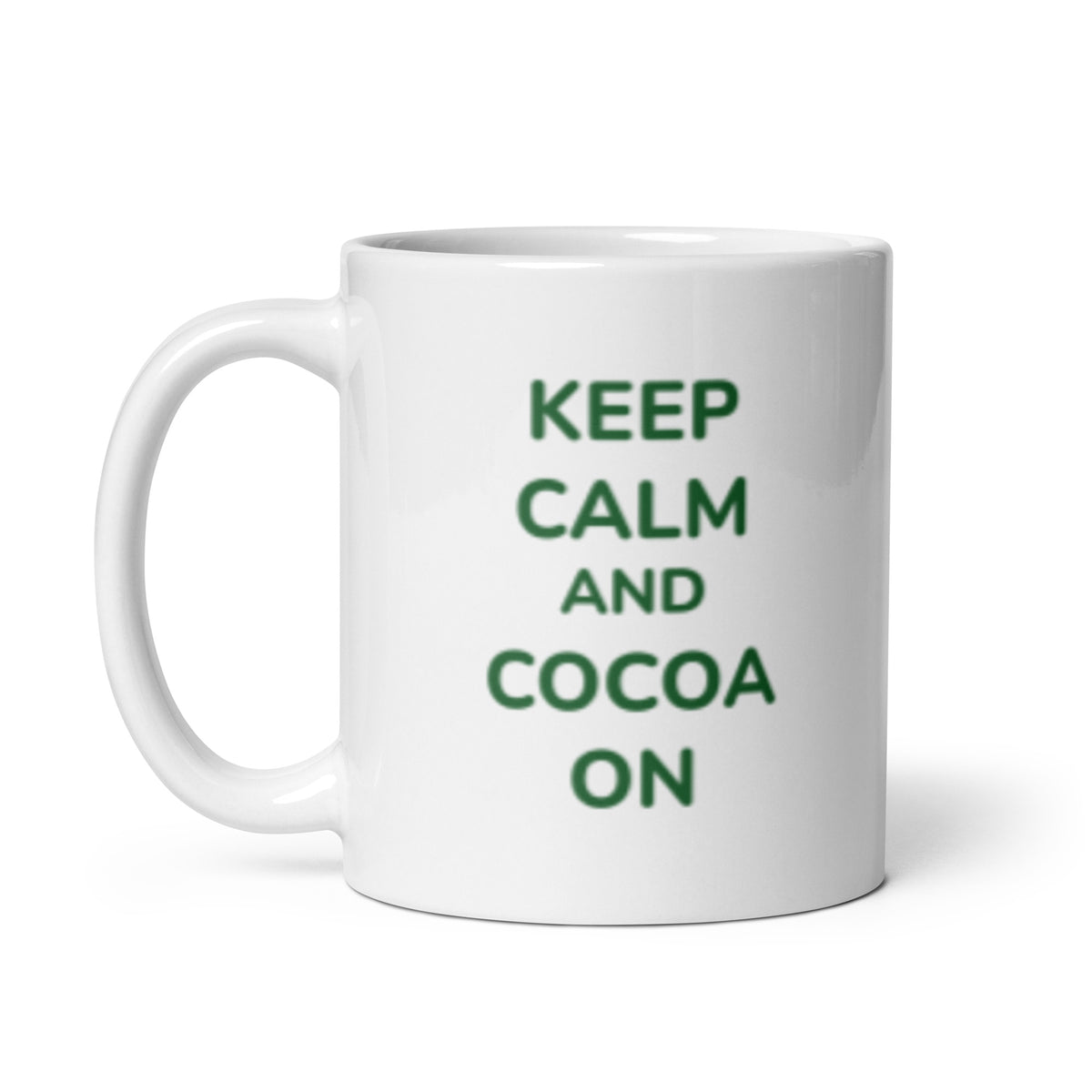 White Bare Life ceramic mug with Keep Calm and Cocoa On printed in green letters