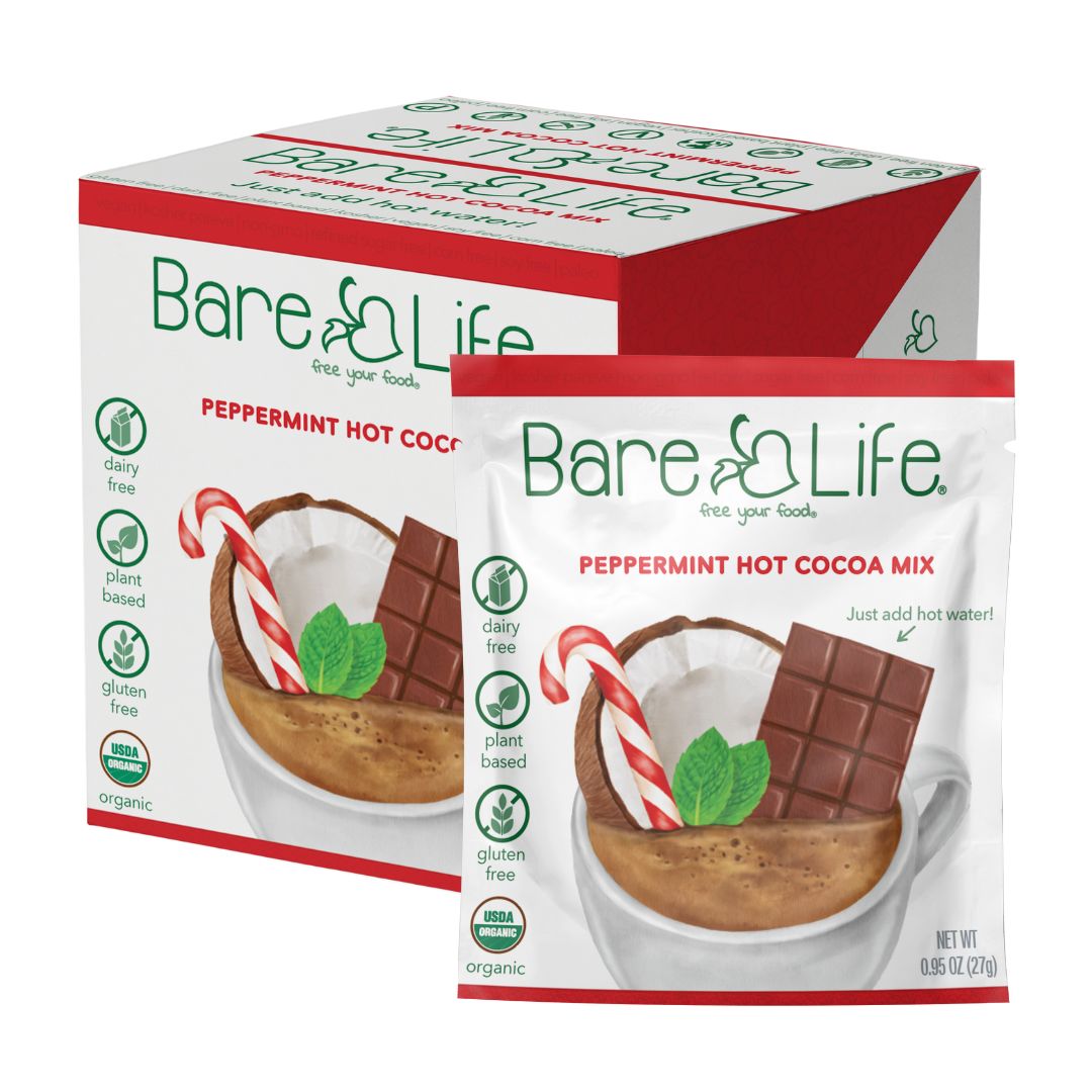 Closed Bare Life peppermint hot cocoa ten-pack box beside a single-serving packet