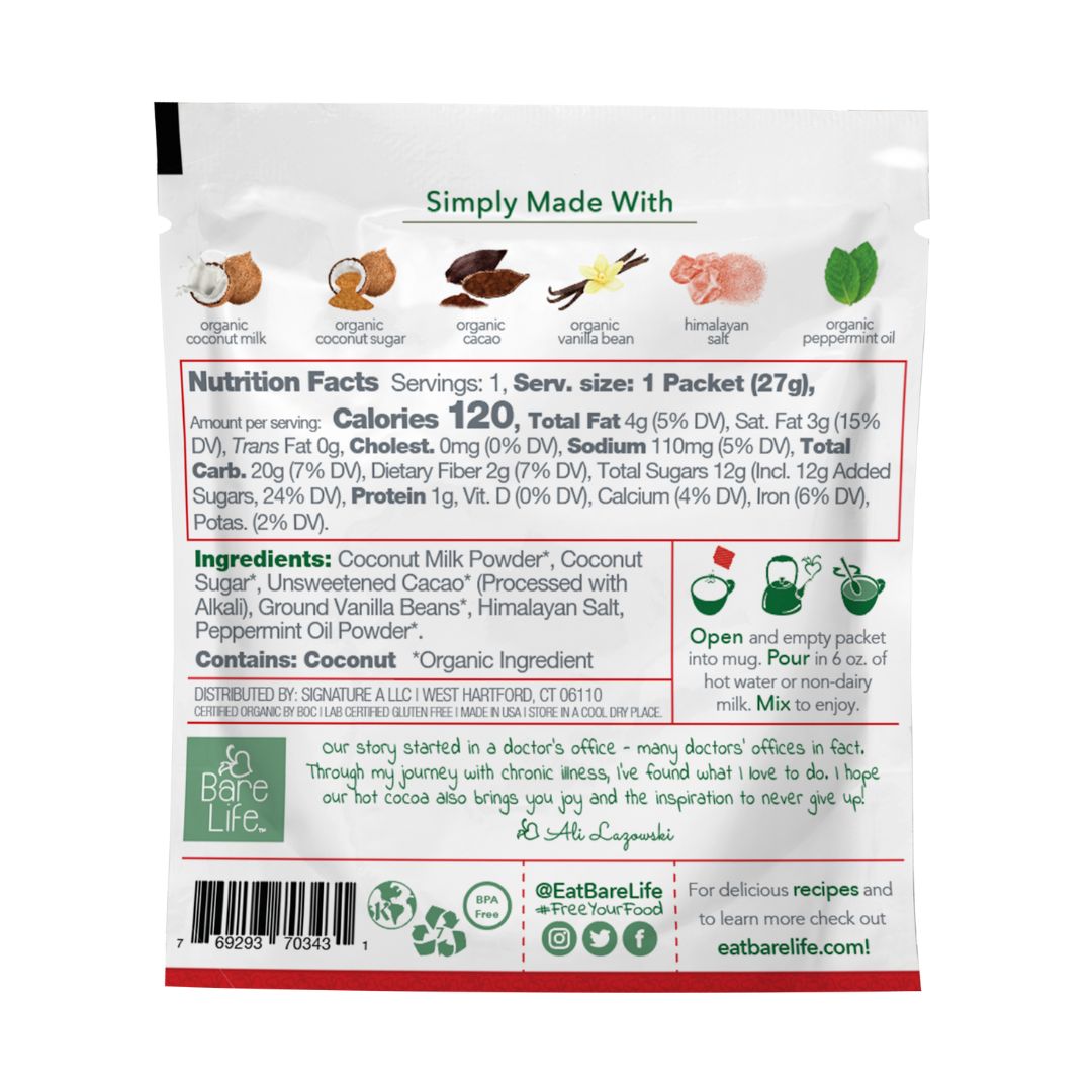Back of a Bare Life peppermint hot cocoa packet showing ingredients, nutrition facts, and preparation directions