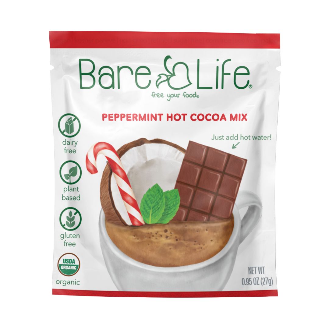 Front of a 0.95-ounce Bare Life peppermint hot cocoa single-serving packet from the ten-pack