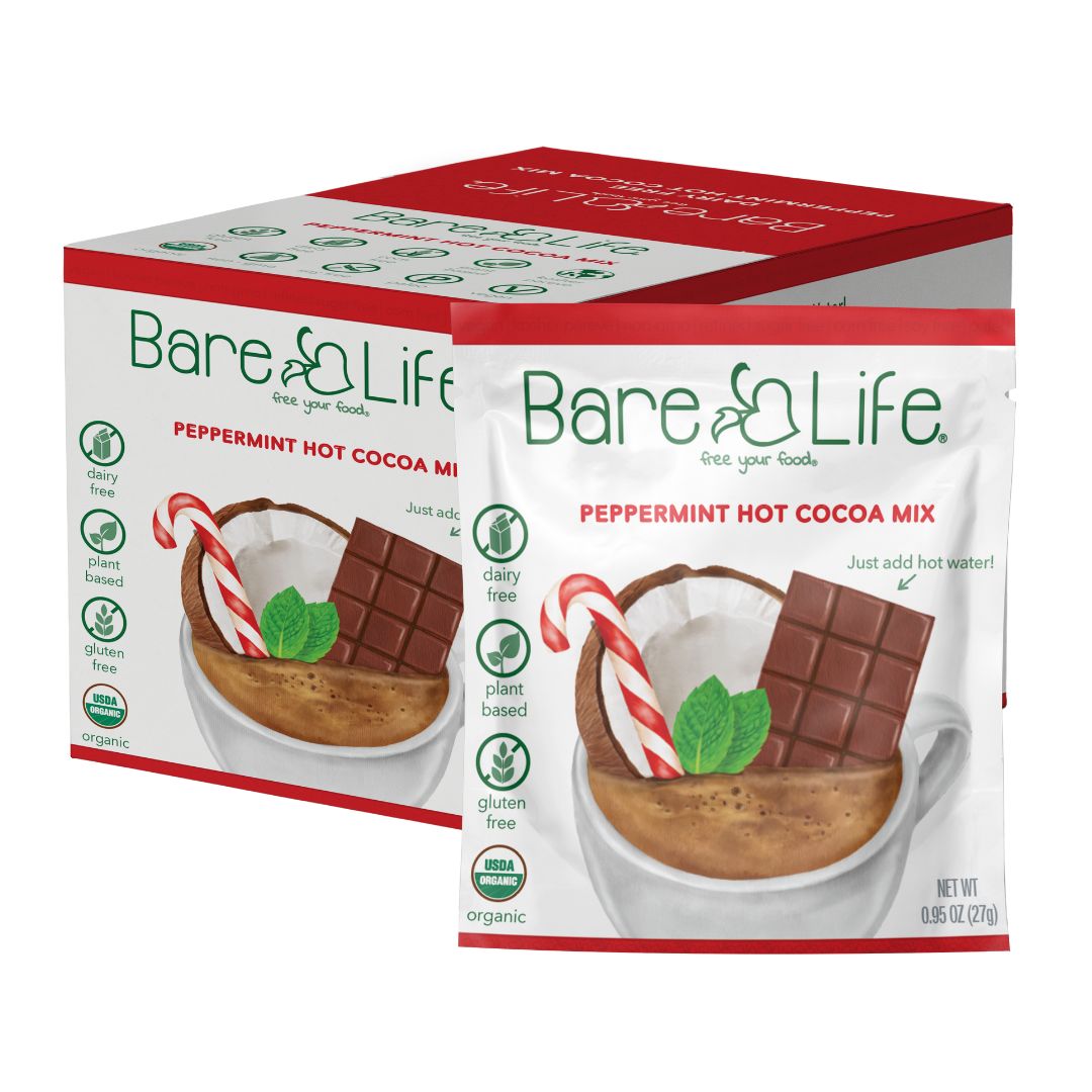 Bare Life peppermint hot cocoa twenty-pack box with a single-serving packet in front