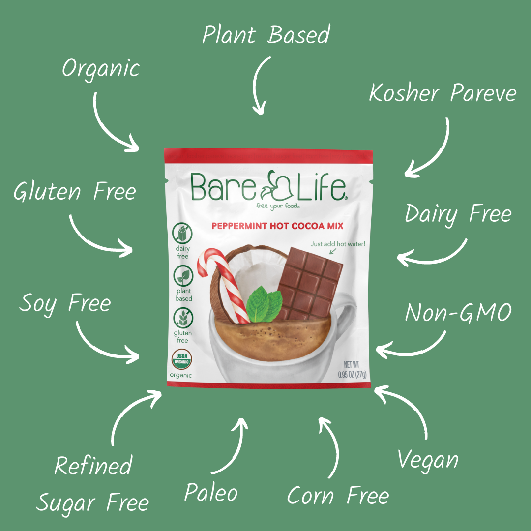 Bare Life peppermint hot cocoa packet with a graphic highlighting organic, plant-based, dairy-free, gluten-free, and vegan features