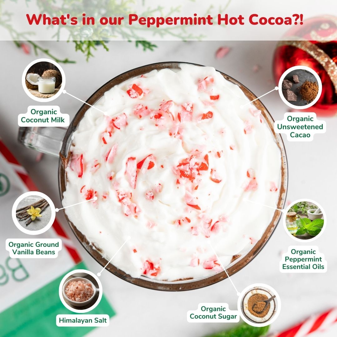 Bare Life peppermint hot cocoa ingredient graphic showing coconut milk, cacao, vanilla, peppermint essential oils, coconut sugar, and Himalayan salt