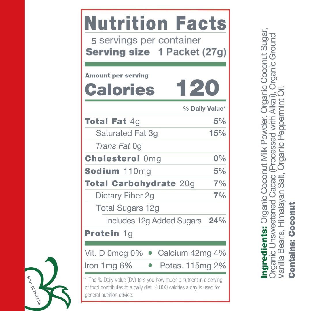 Nutrition facts and ingredients for Bare Life peppermint hot cocoa five-pack, with 120 calories per 27 g packet