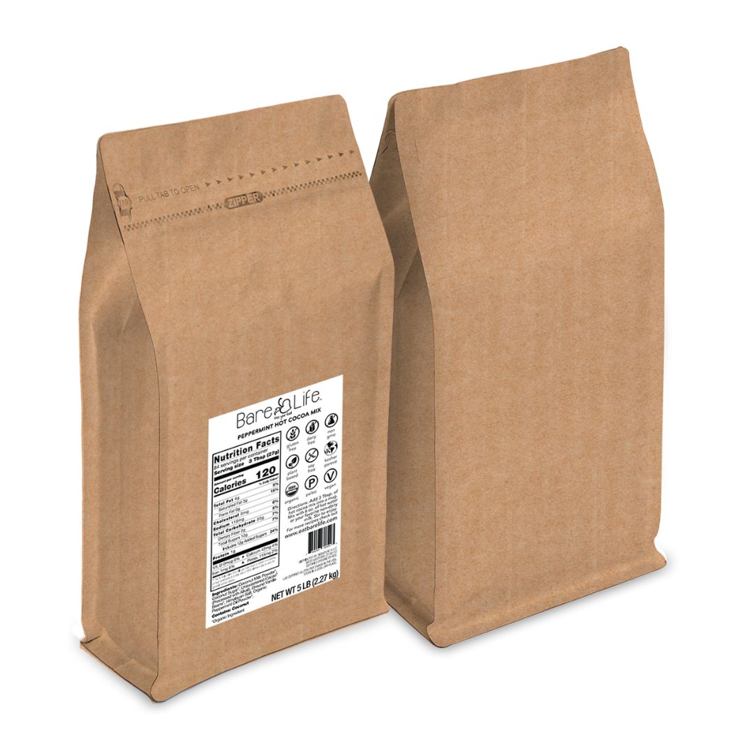 Front and back views of Bare Life peppermint hot cocoa five-pound kraft bulk bags