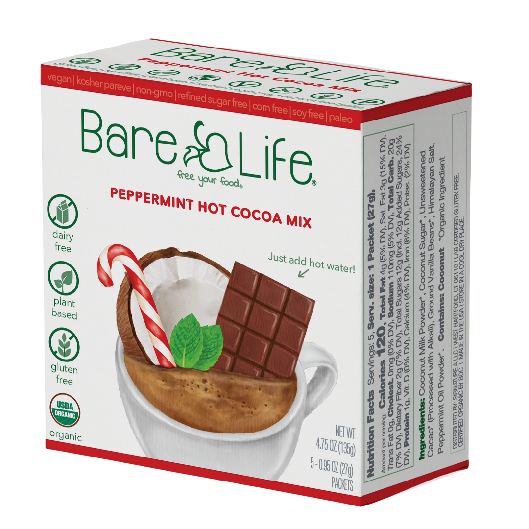 Bare Life dairy free peppermint hot cocoa mix box with five single serving packets, front and side view