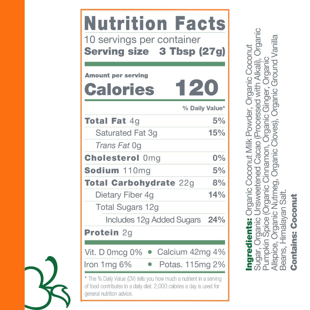 Nutrition facts and ingredients for Bare Life pumpkin spice hot cocoa 10-serving pouch, with 120 calories per 27 g serving