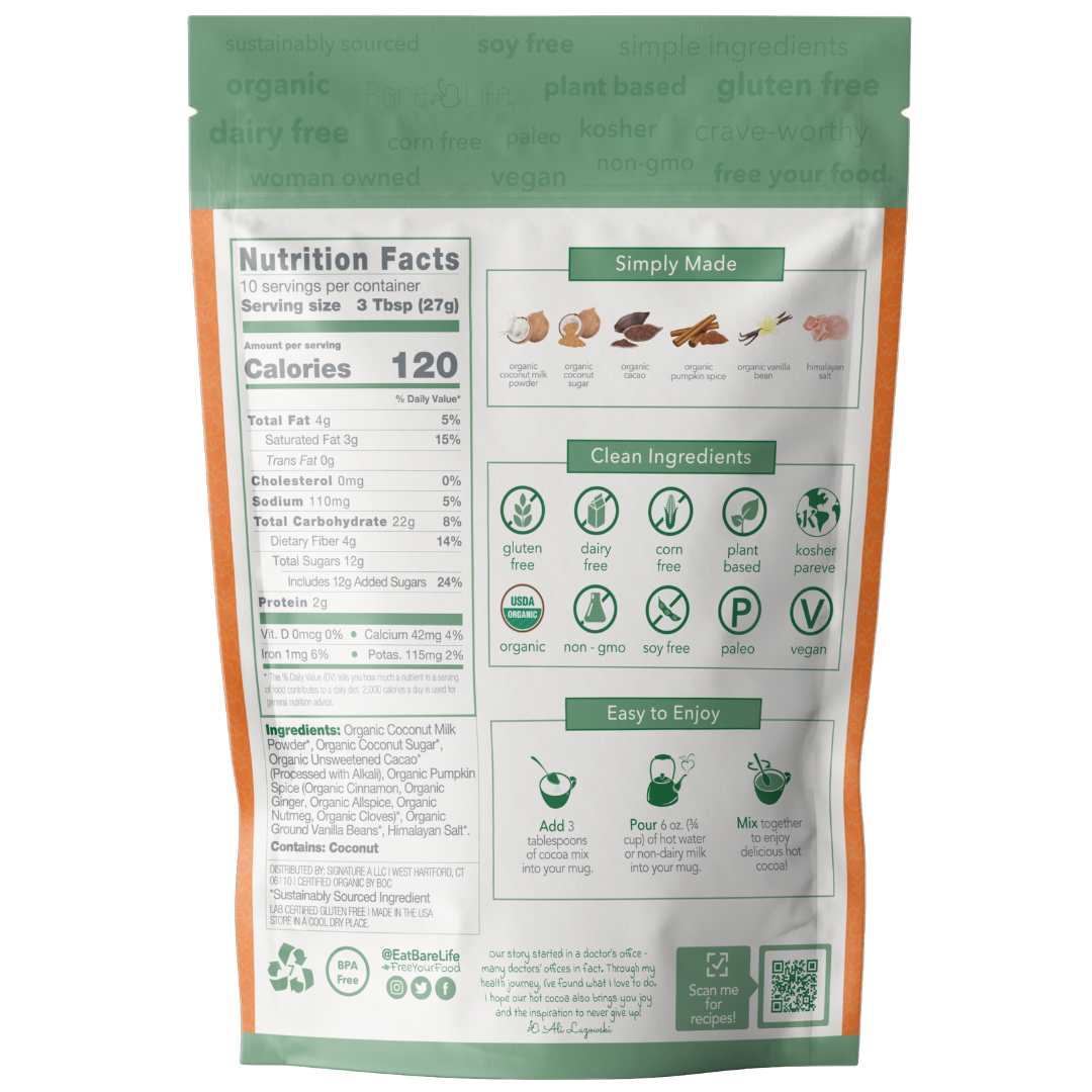 Back of Bare Life pumpkin spice hot cocoa 10-serving pouch with nutrition facts, ingredients, and preparation directions