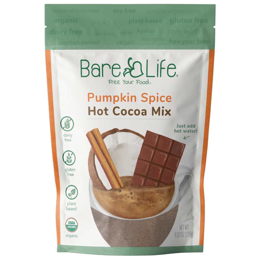 Front of Bare Life organic dairy free pumpkin spice hot cocoa mix pouch, 9.52 oz with 10 servings