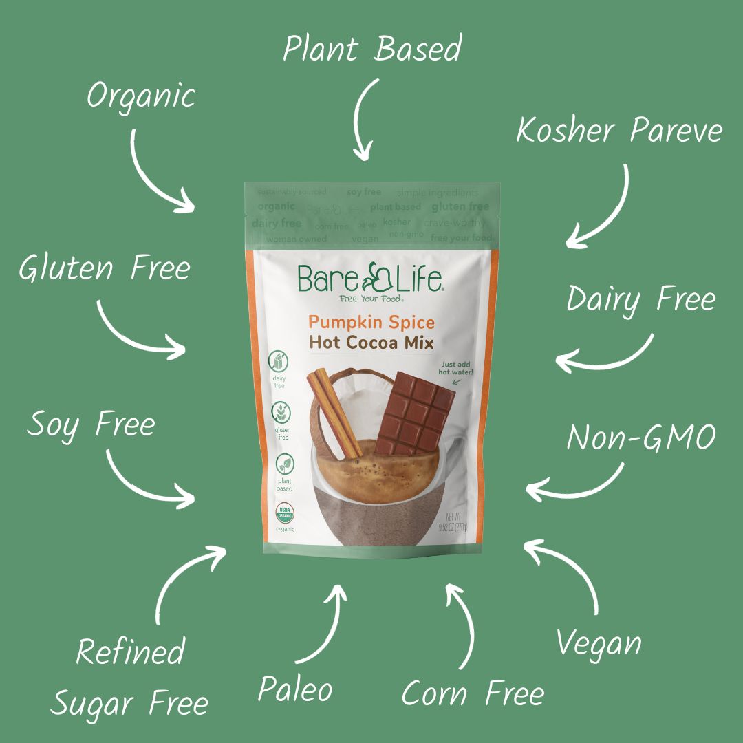 Bare Life pumpkin spice hot cocoa pouch with organic, vegan, dairy free, gluten free, soy free, and other dietary features