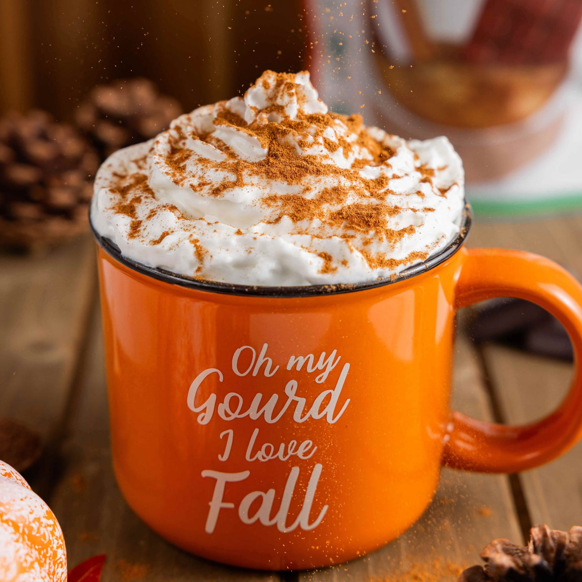 Pumpkin spice hot cocoa with whipped topping and cinnamon in an orange mug reading Oh my Gourd I love Fall
