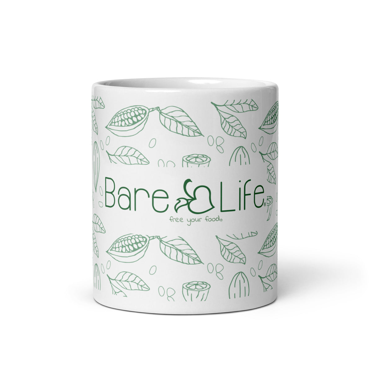 Front of a white Bare Life ceramic mug with green logo, Free Your Food tagline, and cocoa pod and leaf illustrations