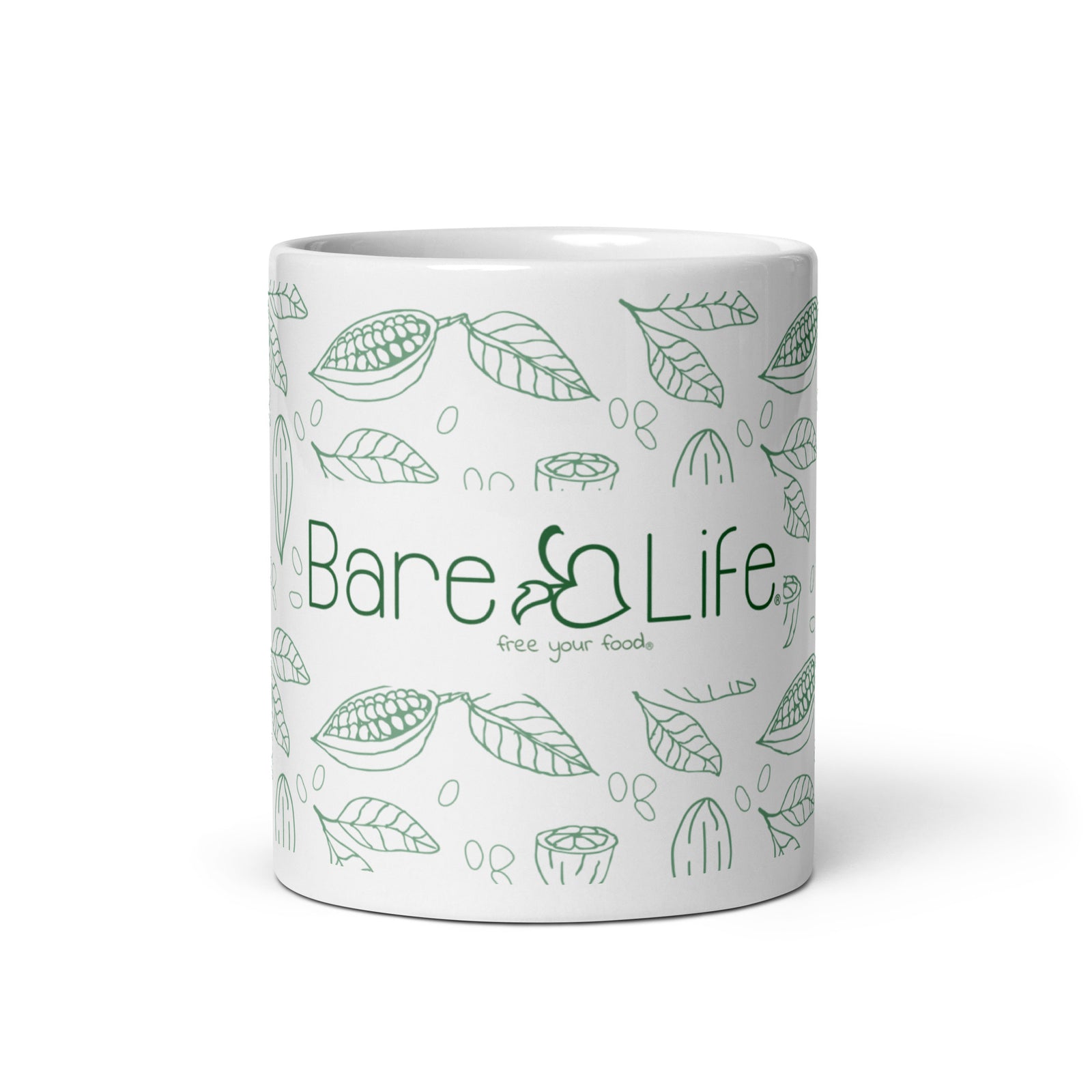 Front of a white Bare Life ceramic mug with green logo, Free Your Food tagline, and cocoa pod and leaf illustrations