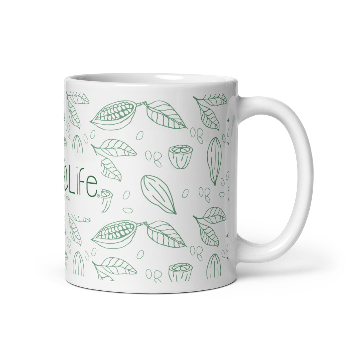 Side view of the white Bare Life ceramic mug showing its handle and green cocoa pod and leaf pattern