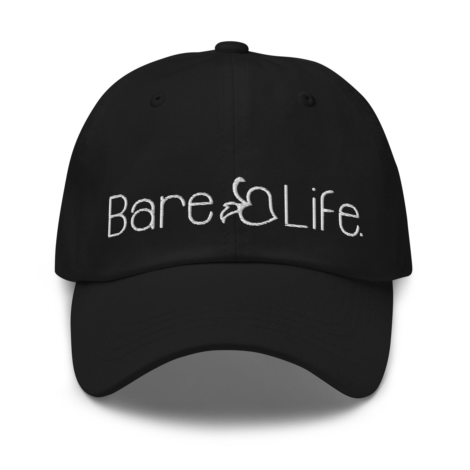 Flat lay front view of the Everyday Bare Life Cap in black with the Bare Life logo embroidered in white stitching.