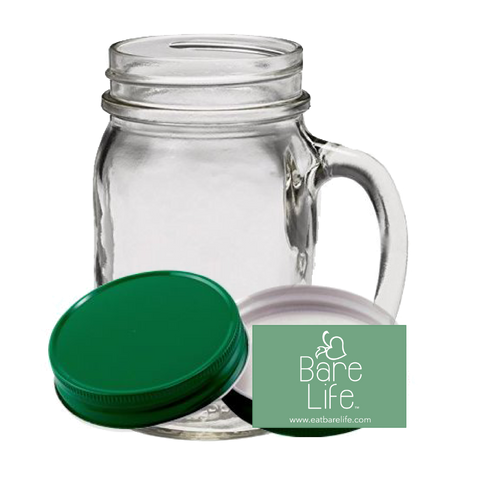 Bare Life Official | Glass Mason Jar Mug, Green Lid & Sticker