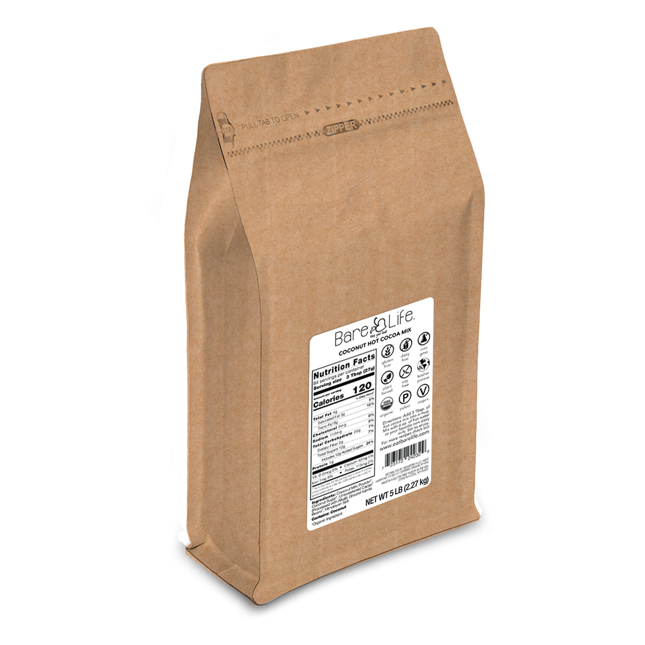 Bare Life coconut hot cocoa mix in a resealable five-pound kraft bulk bag
